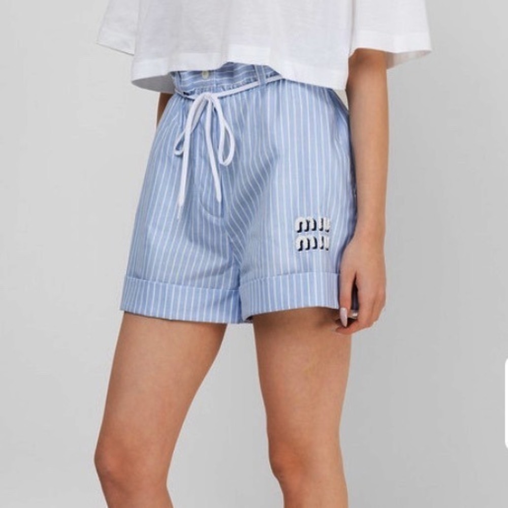Miu Miu womens Shorts Small Blue White Striped Cotton Poplin Paperbag Waist Logo
